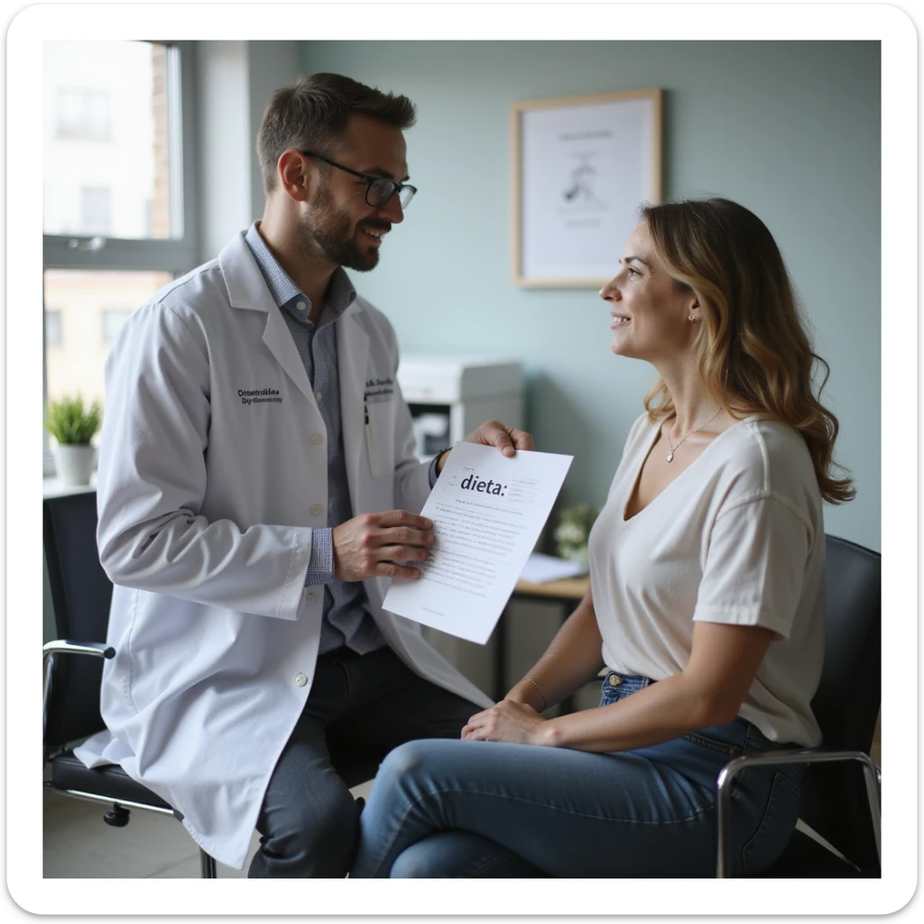 hyperrealistic 4K image of a male nutritionist in a white coat handing a sheet with the word 'dieta' to a seated female patient in his office, medical studio setting, variation 9 sticker