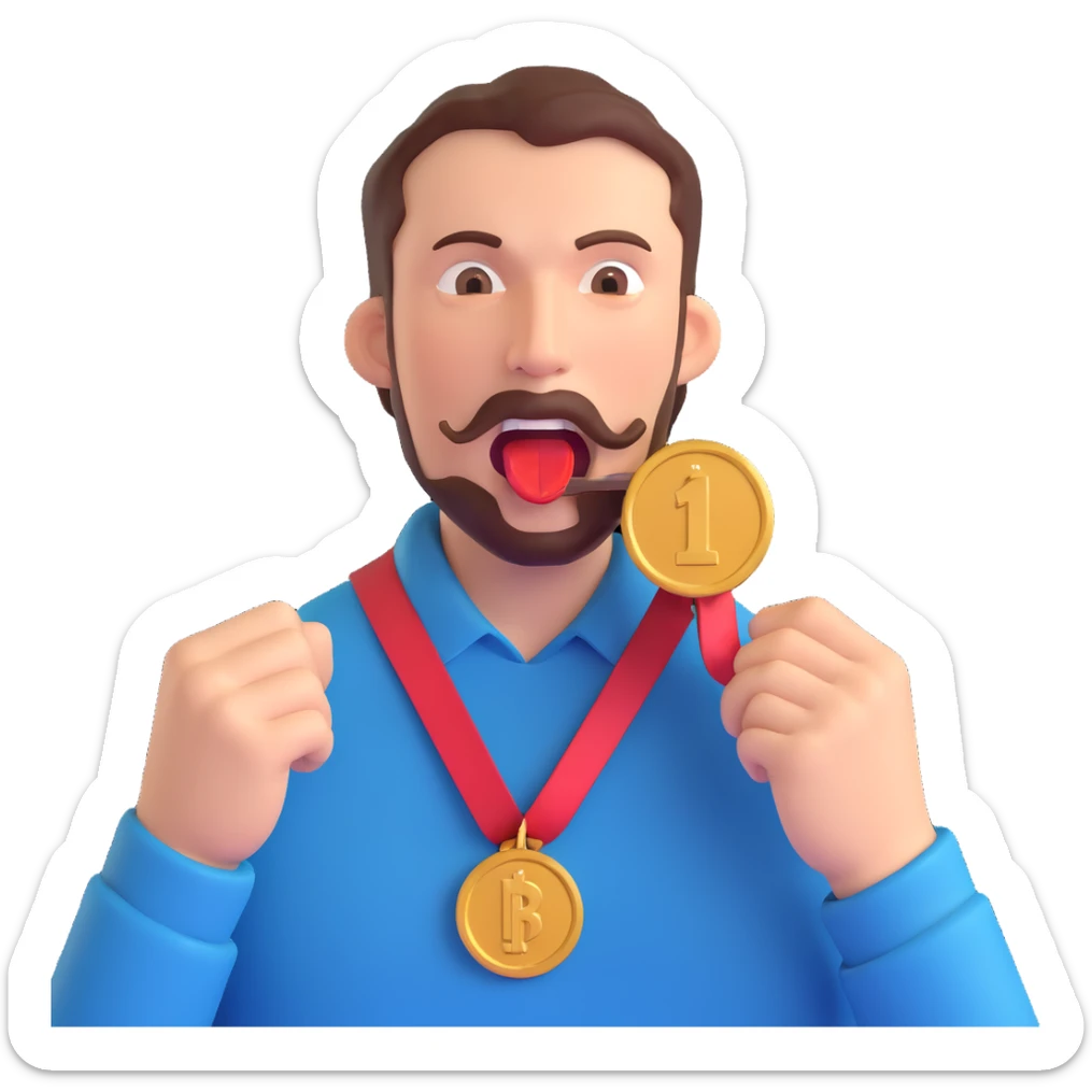 a man holding an iron medal near his mouth, about to bite sticker