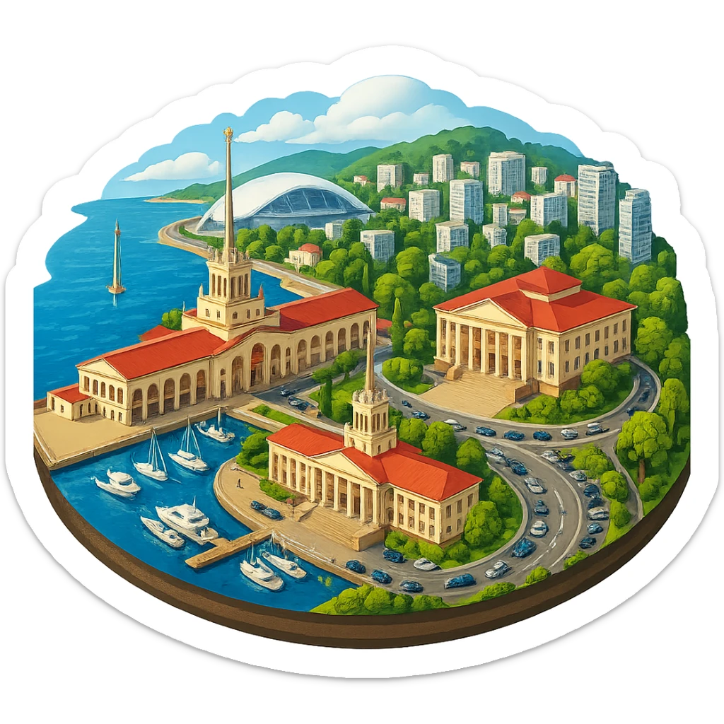 Изометричная, яркая, детализированная и фотореалистичная иллюстрация панорамы города Cочи на круглой подставке в стиле 3D-коллажей городов, здание Морского Порта, Зимний театр, стадион Фишт, море чёткие линии, слегка мультяшная стилистика, прозрачный фон, не обрезать края картинки sticker