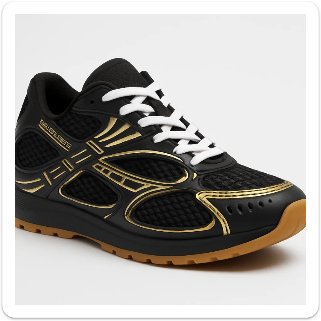 Recreate the Bottega Veneta Orbit sneaker in black with gold accents, exact design, shown in a 3D turned perspective (not flat 2D), similar to the reference image, realistic, clean background. The style should be realistic and 3D as in the reference images. sticker