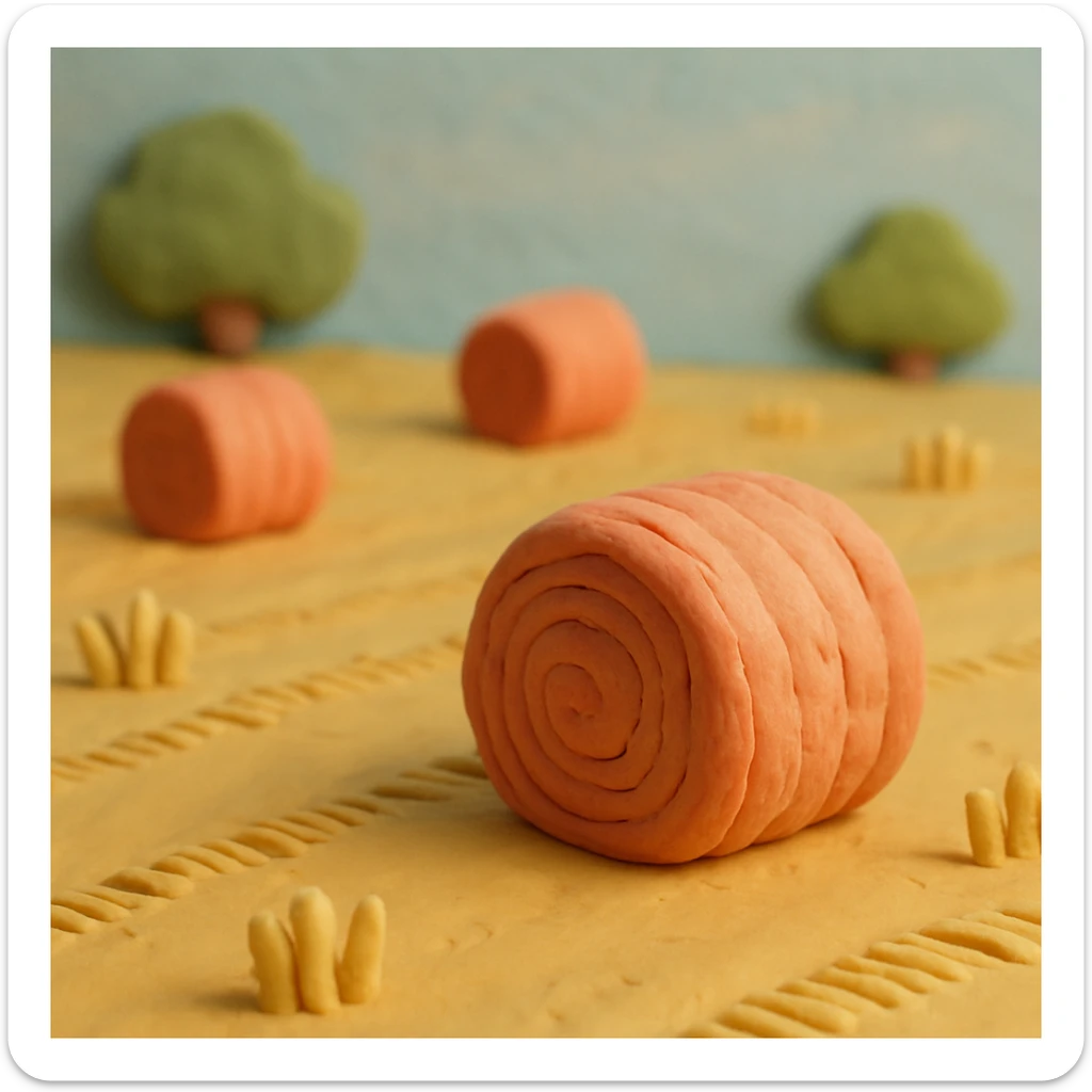 hay bales in a field, pastel colors, visible fingerprints, claymation style sticker