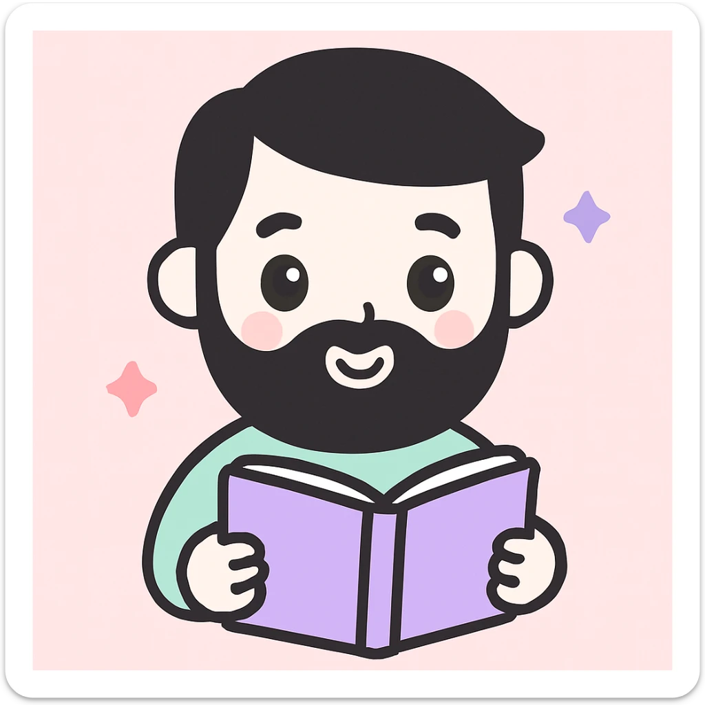 a white young man with a black beard, straight hair, and brown eyes reading a lilac-colored book, cute cartoon style sticker