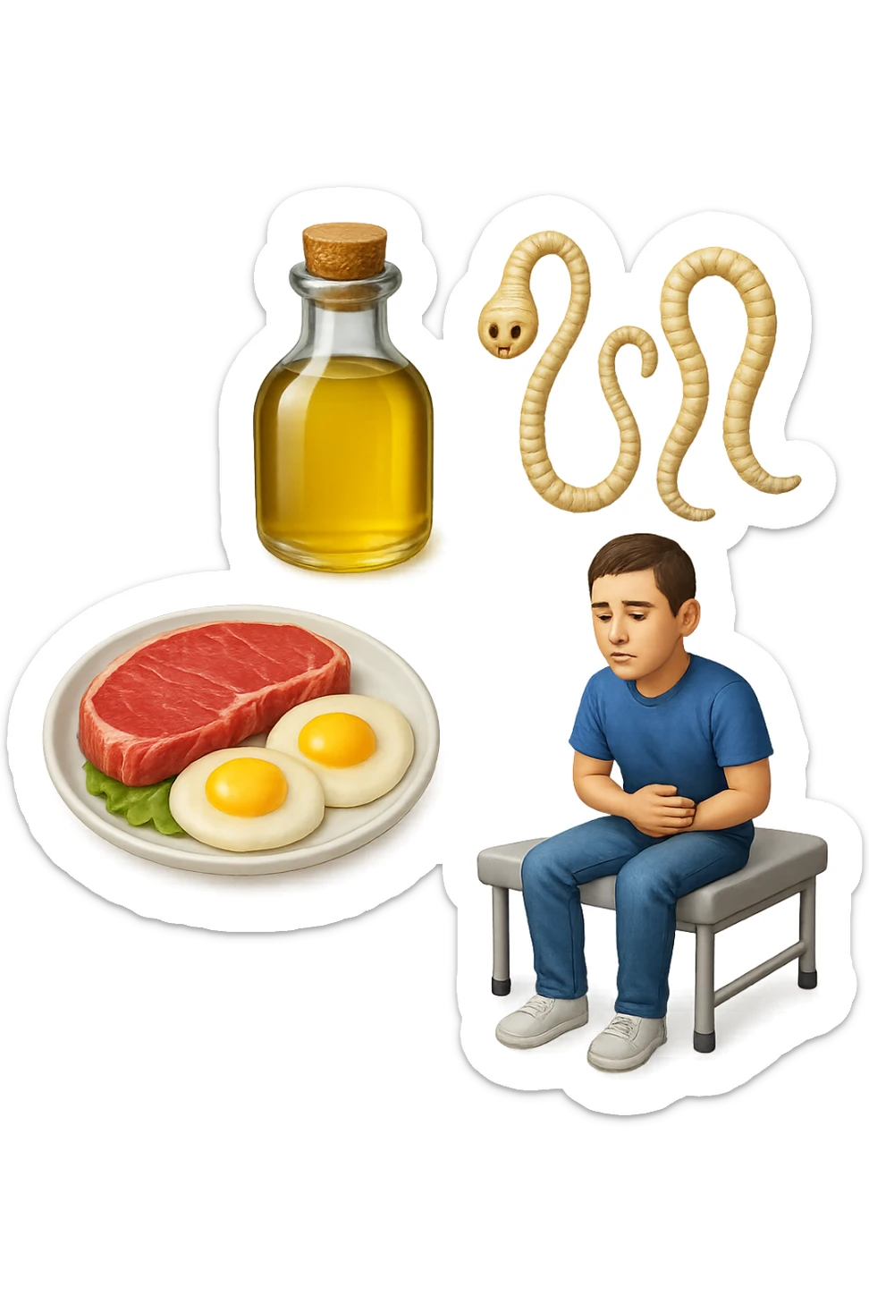 emoji stile iphone di UN PIATTO CON CARNE ROSSA E UOVA, UNA BOTTIGLIA DI OLIO DI SEMI, DUE PARASSITI TIPO LA TENIA, UOMO SEDUTO SU UN LETTINO DA FISIOTERAPISTA, IPERREALISTICO 4K sticker