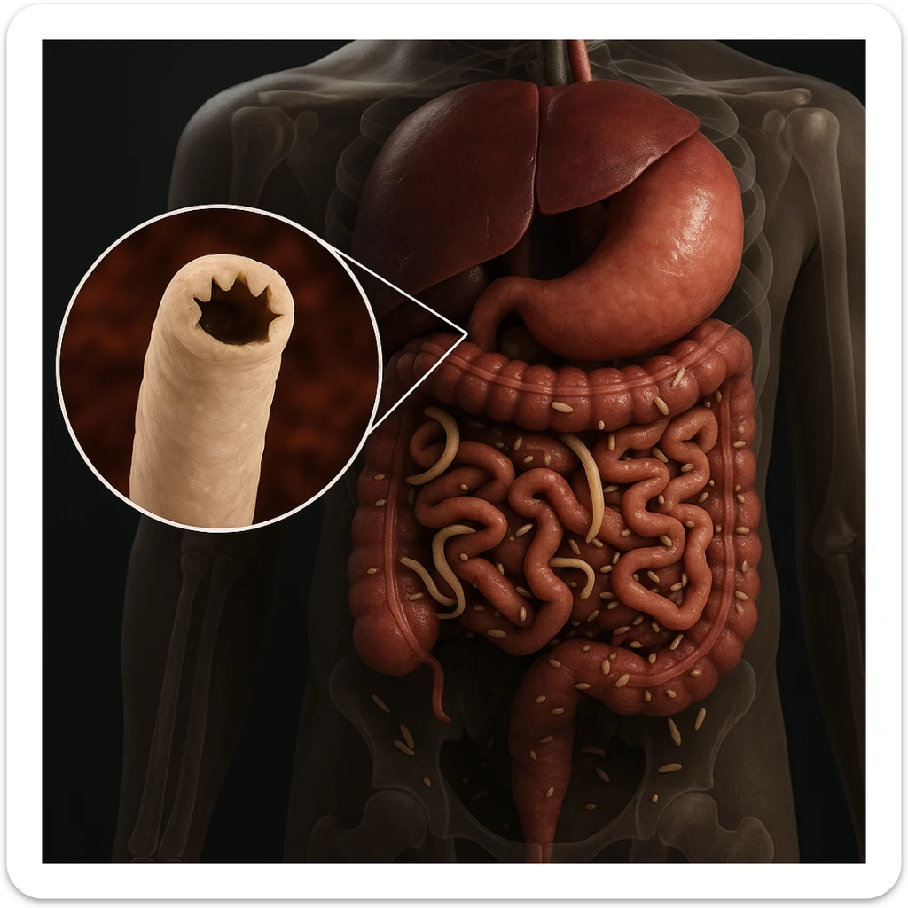 Hyperrealistic 4K anatomical view of a human body, focusing on the intestine infested with clearly visible parasites such as worms and larvae. Include a detailed close-up of one parasite. The atmosphere is clinical, referencing diseases and tumors risk. Emphasize medical accuracy and detail. sticker