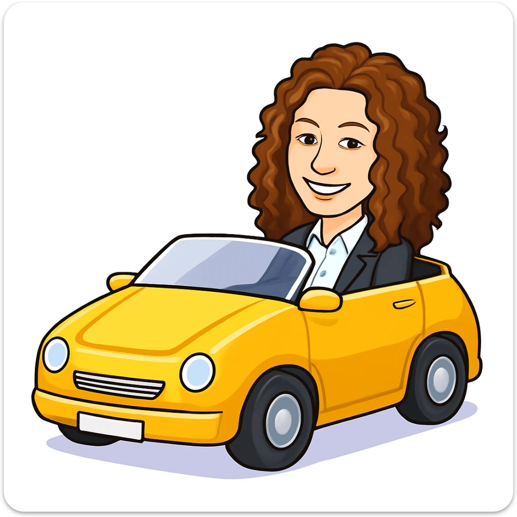 Create a digital cartoon style image of a curly red-haired woman sitting in a yellow car with a white background, similar to the reference image. sticker