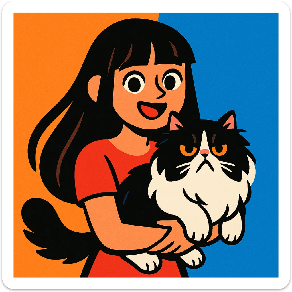 a girl with long dark brown, almost black hair with bangs, carrying a black and white fluffy Persian cat, visually appealing style sticker