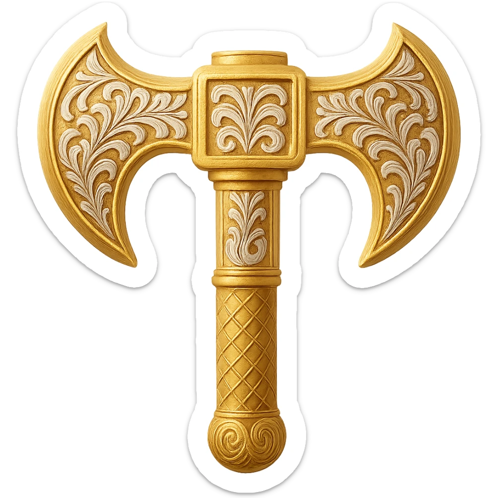 Recolor this weapon to a plated gold color with ornate engravings inlaid with silver. The gold should be rich and metallic, and the engravings should have a bright, reflective silver finish. Transparent background. sticker