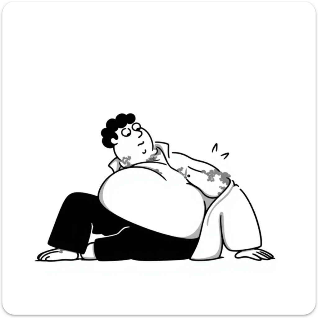 Peter Griffin from Family Guy with a massive pregnant belly, laying on his back, sweating droplets visible, tired expression, wearing green pants and white shirt sticker