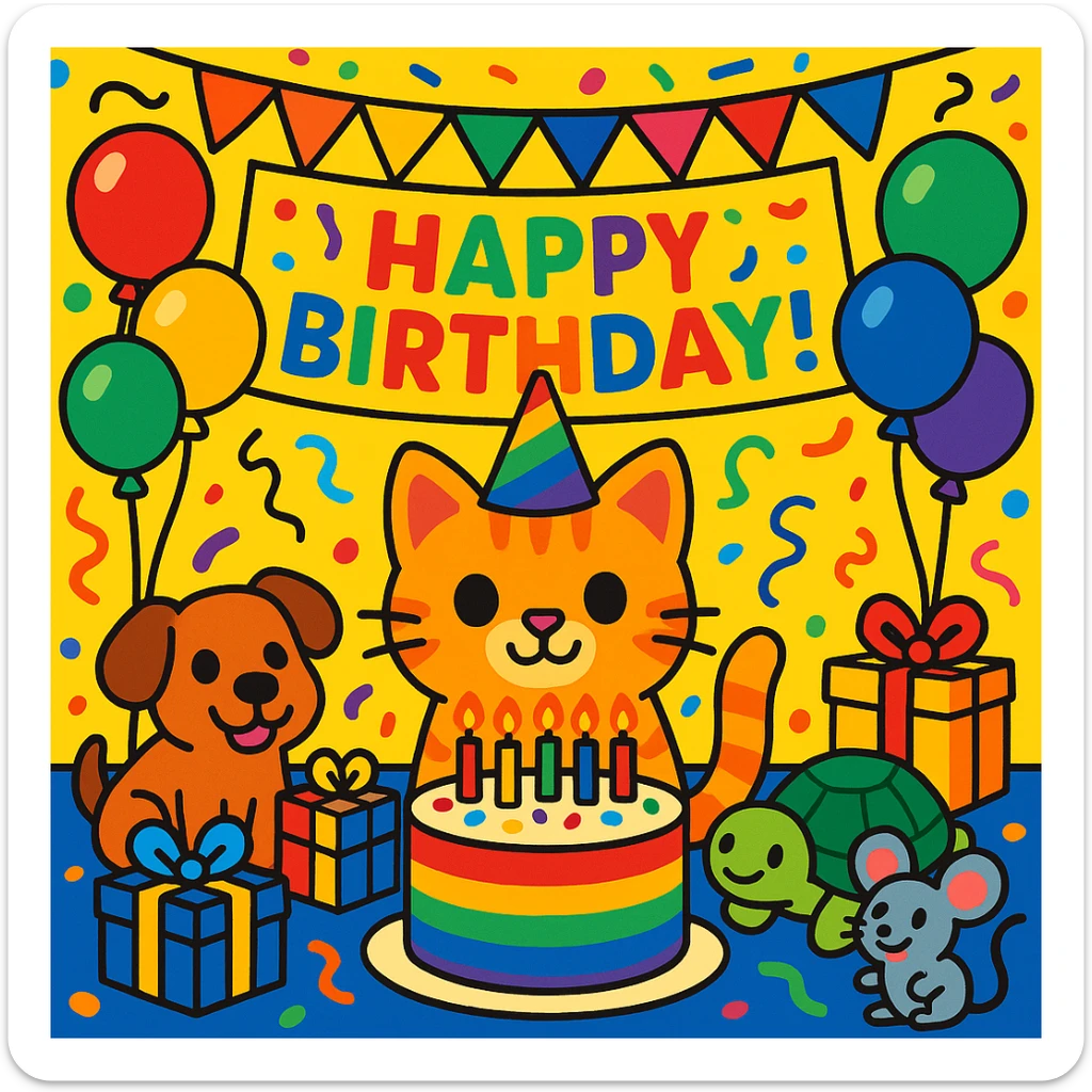 vibrant-toon style birthday party scene with a rainbow color theme including rainbow balloons, multicolored decorations, confetti, a large rainbow birthday cake, gifts, and a festive atmosphere. Main character is a ginger tabby kitten wearing a birthday hat, surrounded by a puppy, turtle, and mouse also celebrating. Prominent 'Happy Birthday!' message included in the scene. sticker