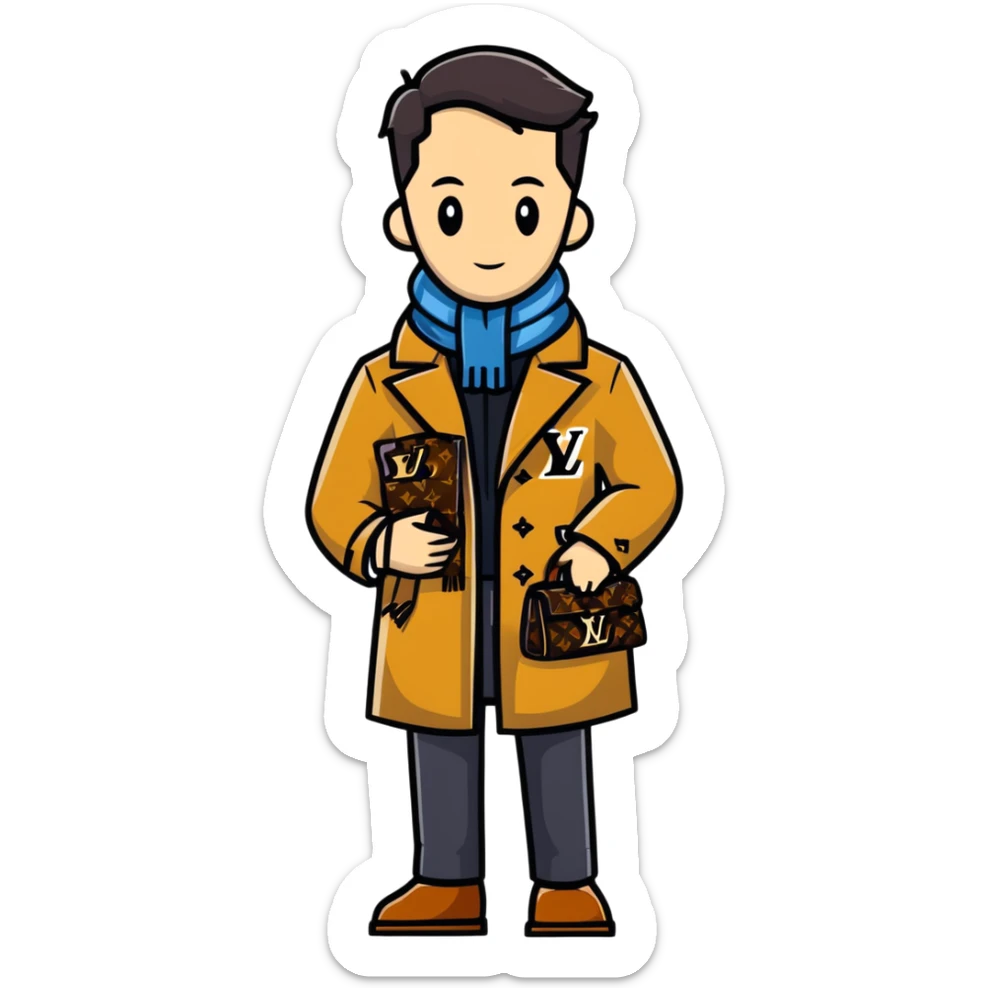 elegant man wearing Louis Vuitton coat and scarf with the iconic LV monogram sticker