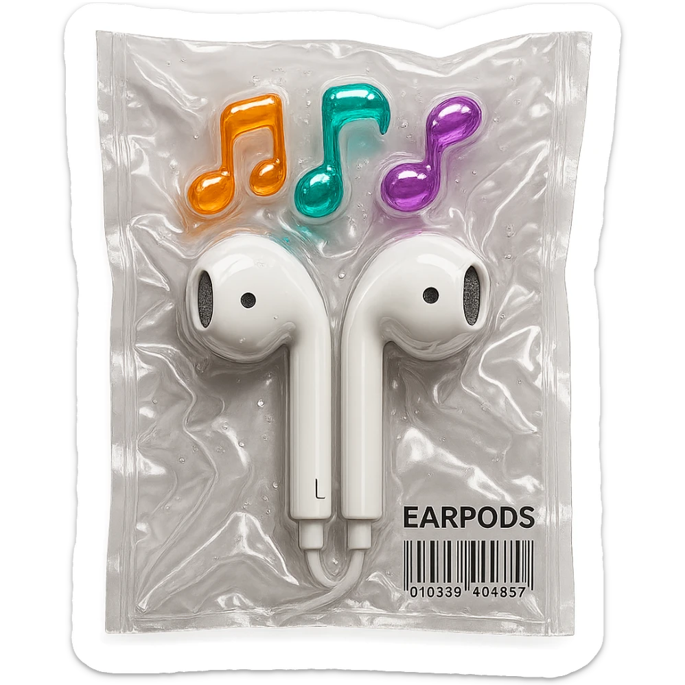 pair of white EarPods with three colorful transparent music notes in orange, teal, and violet arranged above, shiny and puffy sticker