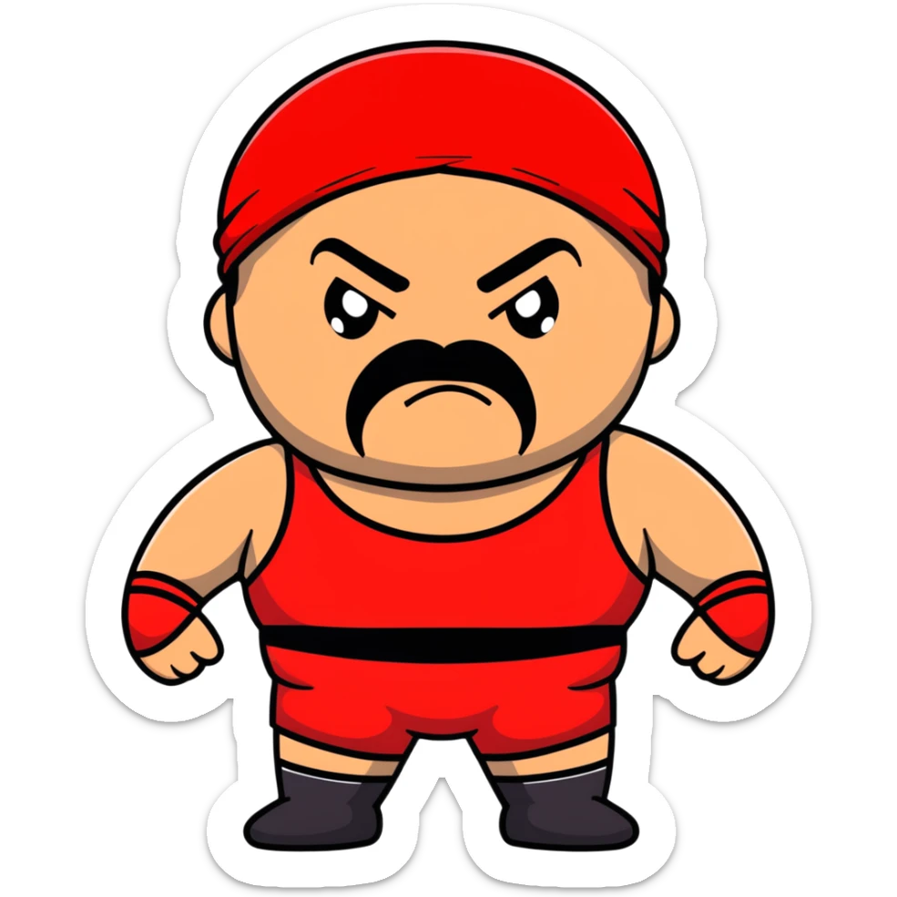 White skin fat guy with prominent black durag, short black beard and mustache, black eyes in a red and black wrestling singlet with angry face sticker