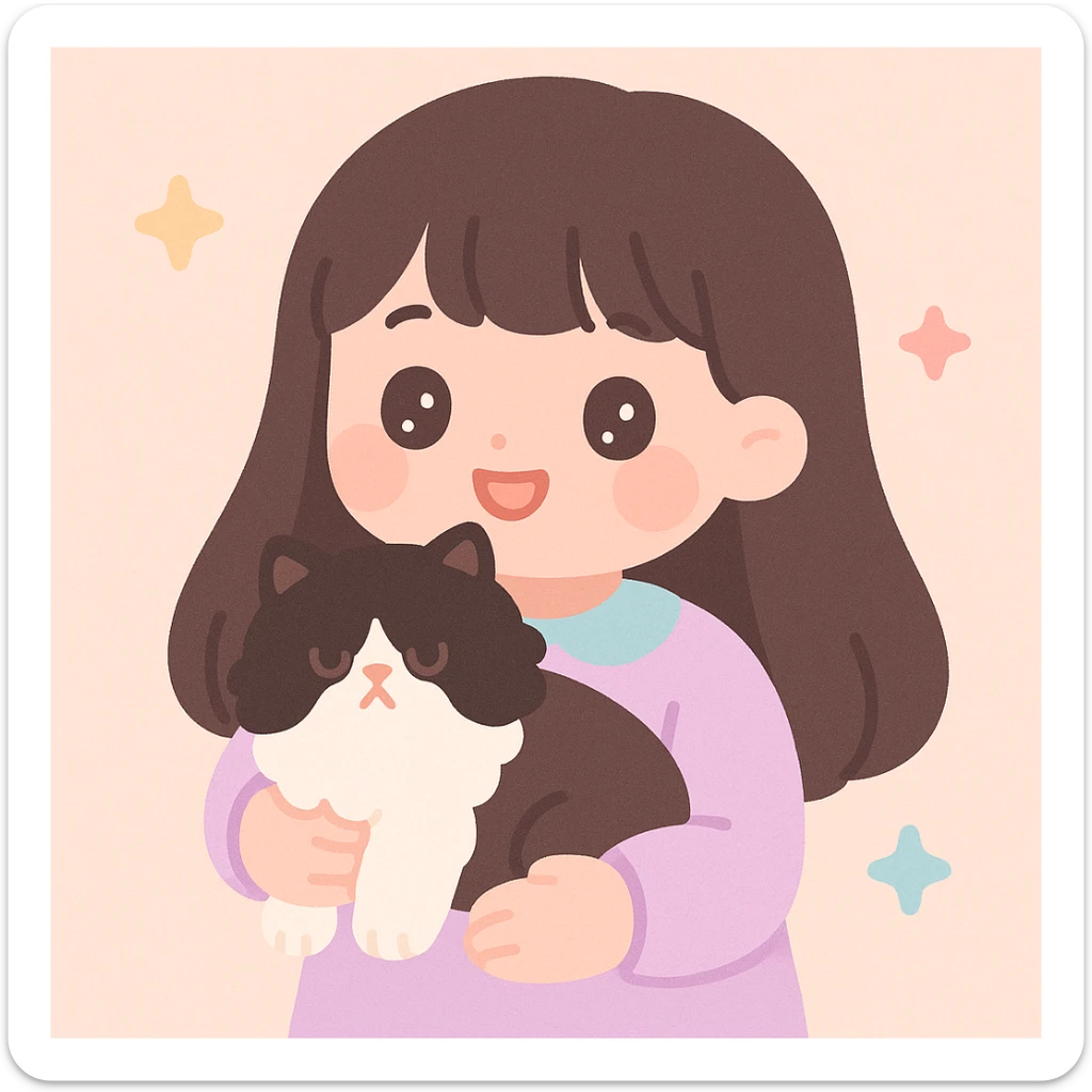 a girl with long dark brown, almost black hair with bangs, holding a fluffy black and white Persian cat, cute illustration style sticker