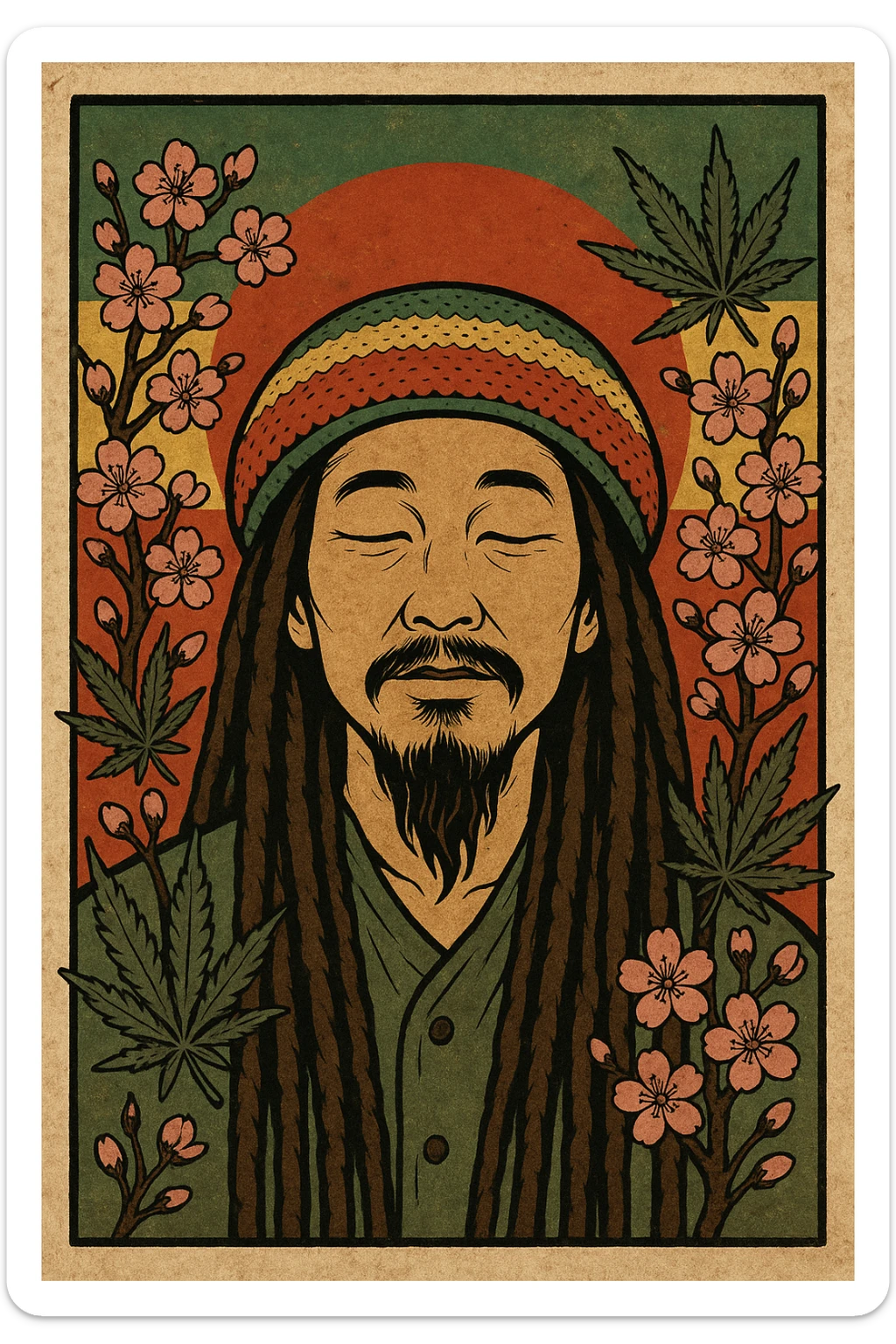 Vintage poster of an Asian Rasta with long dreadlocks, peaceful eyes, and a red-gold-green tam. Surrounded by cherry blossoms and ganja leaves. Background blends Rasta colors into an Asian flag (e.g., red sun from Japan or Chinese star). Retro reggae fusion vibe, with bold lines and aged paper texture.
 sticker