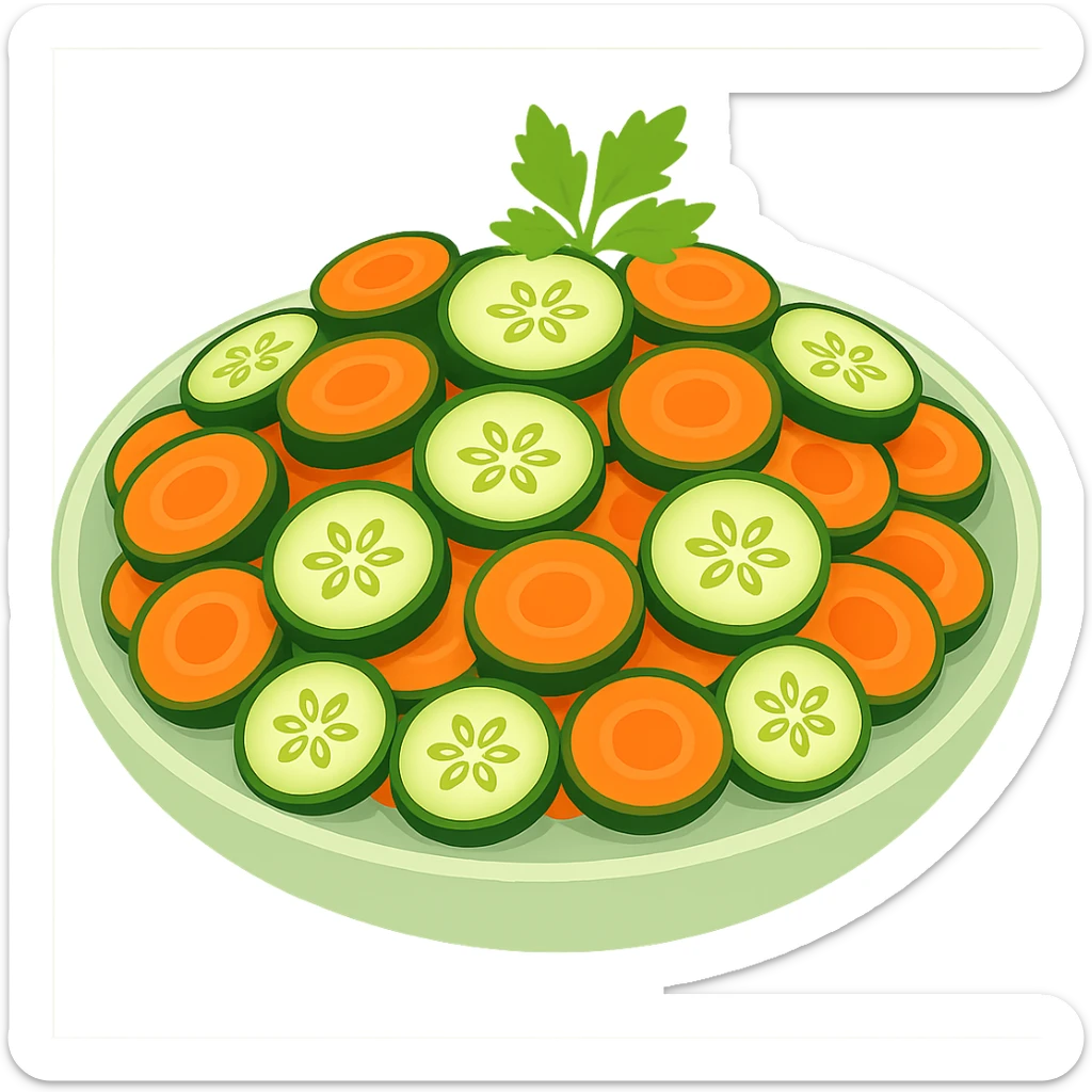 Add cut carrot slices to the sliced cucumber salad with herbs. The style should resemble emoji style with no background. sticker