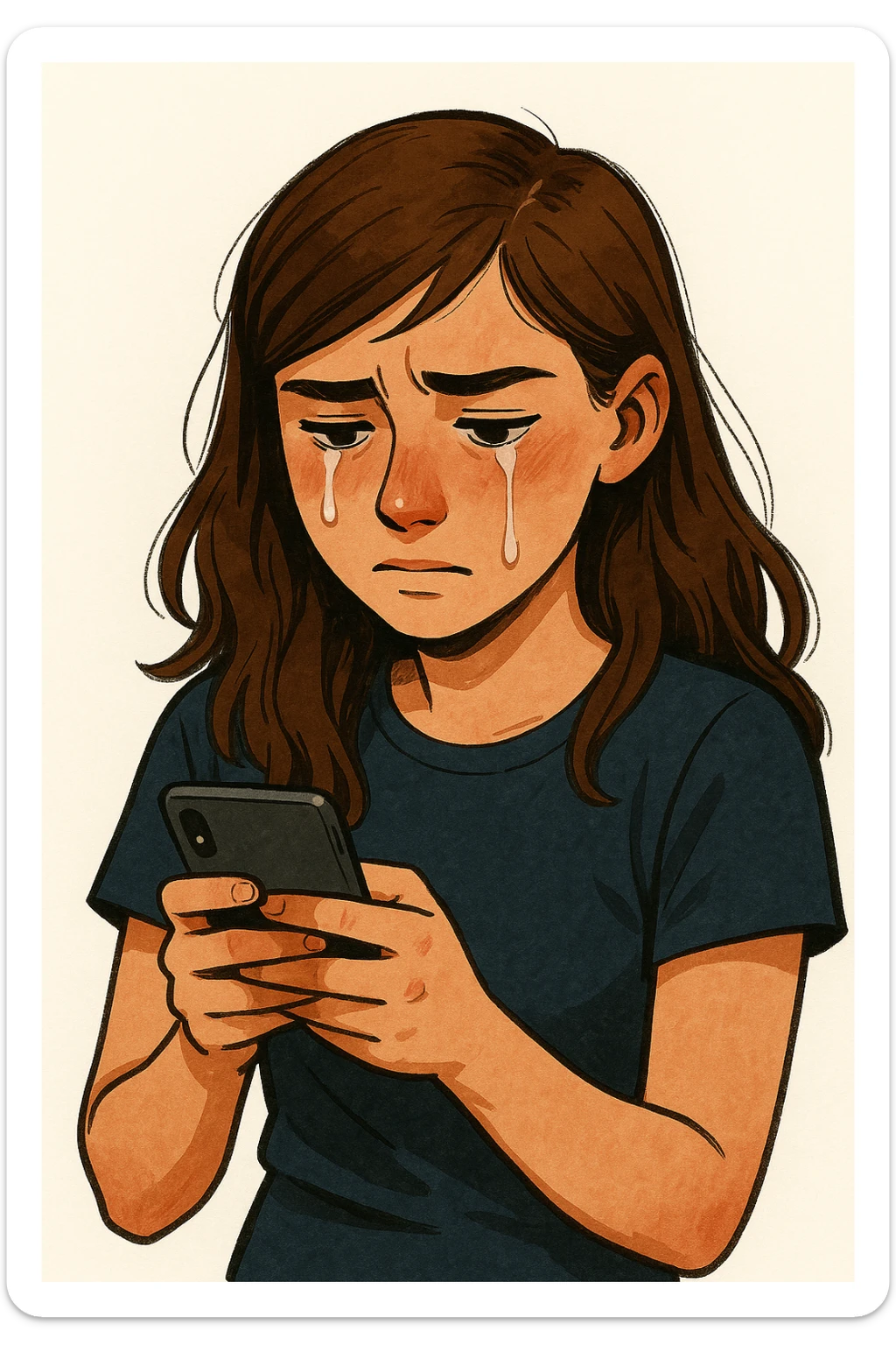 girl with brown hair looking at a phone, crying, modern illustration style sticker