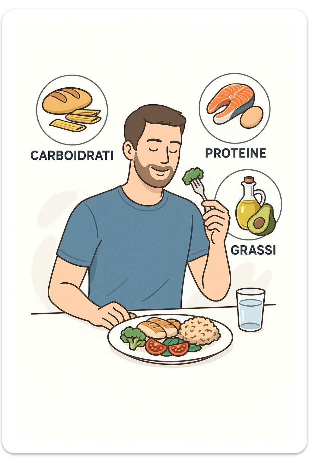 uomo che fa alimentazione attraverso i giusti macronutrienti. Scritte in ITALIANO sticker