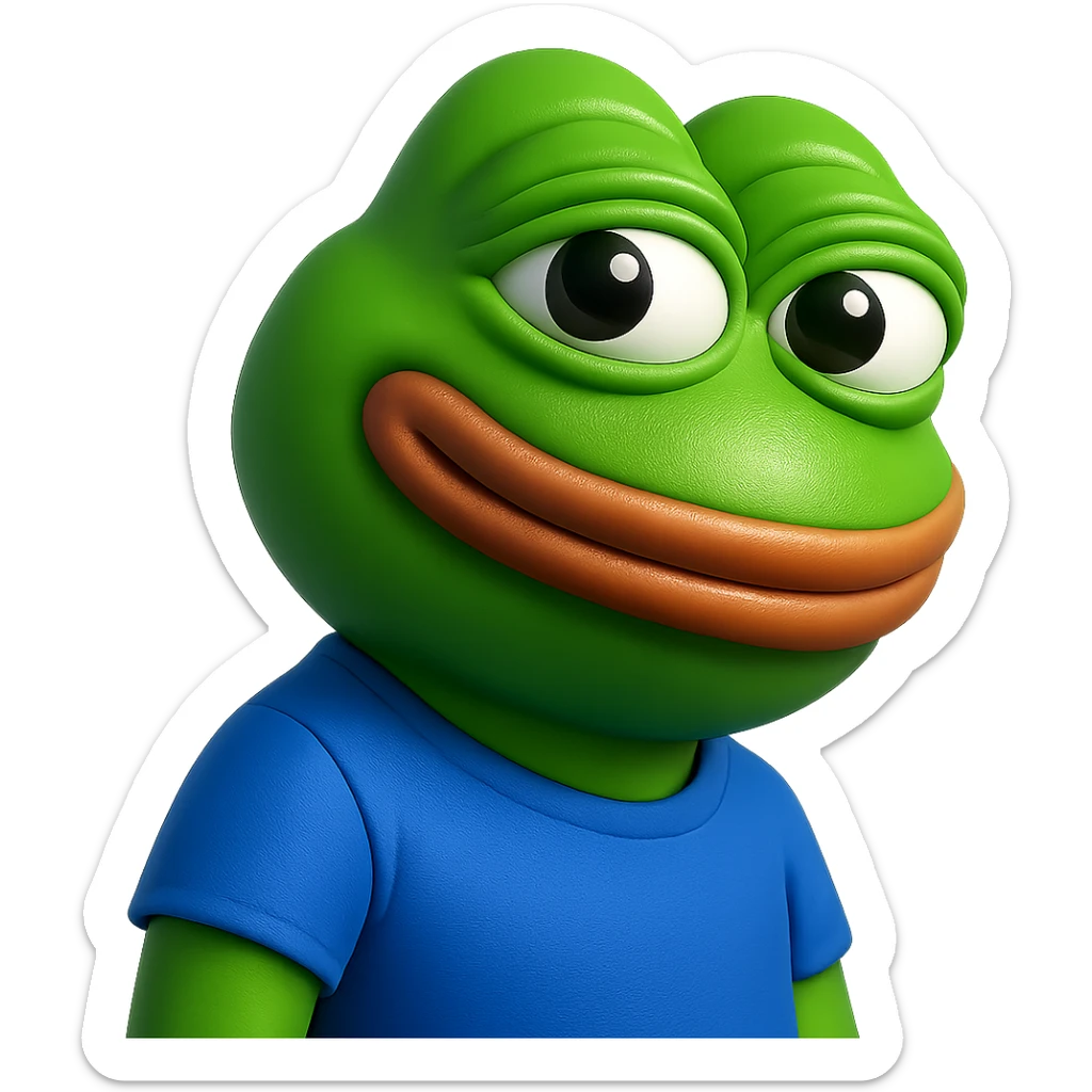 pepe in
- 3d style
- bright green
- blue shirt
- smiling
- looking straight at the camera
- good highlights and shadows
- 30deg angled towards the right sticker