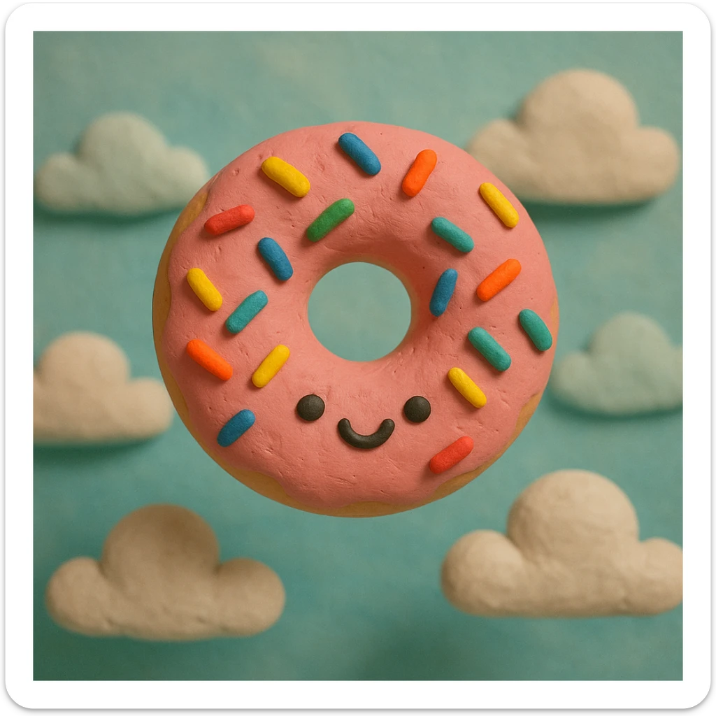 kawaii donut with rainbow sprinkles and happy face, floating in a dreamy cloud background, claymation style sticker
