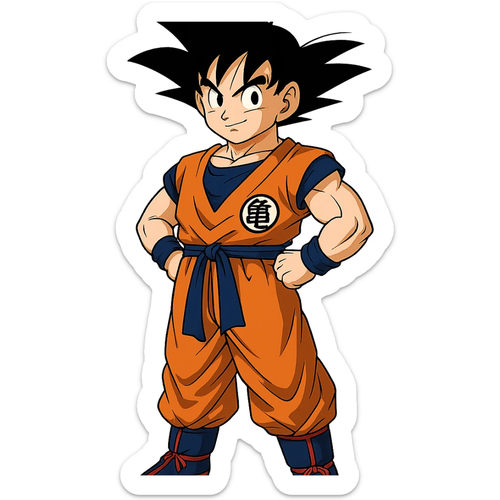 Son Goku, spiky black hair, orange martial arts gi, confident pose, iconic anime style sticker