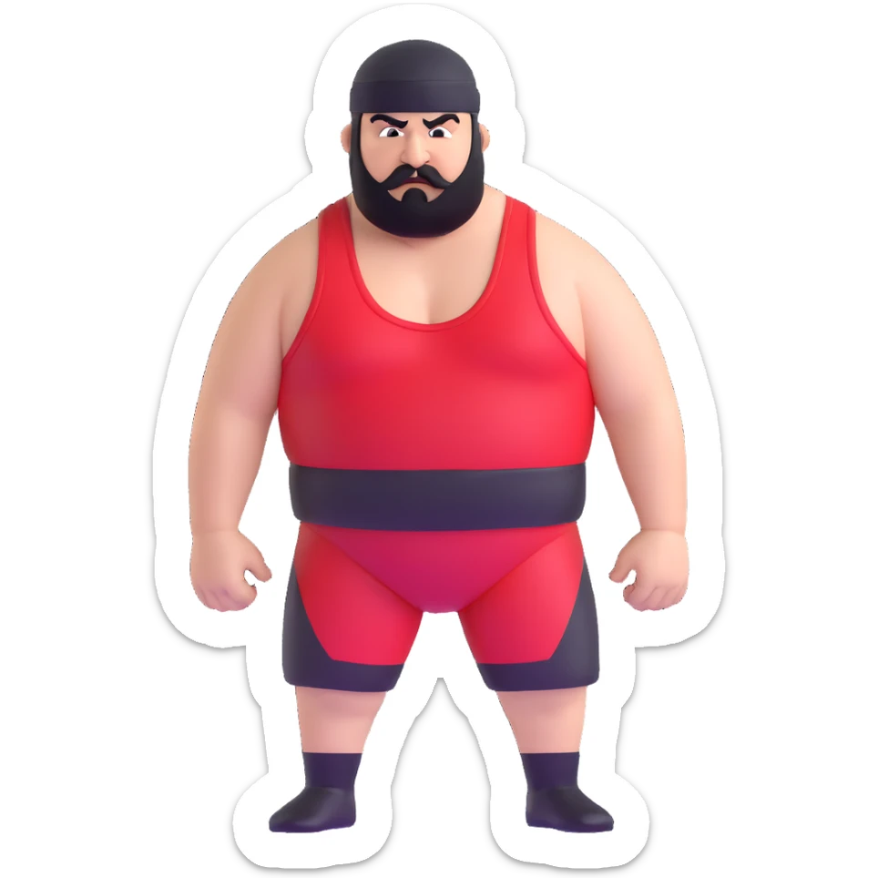 White skin fat guy with prominent black durag, short black beard and mustache, black eyes in a red and black wrestling singlet with angry face sticker