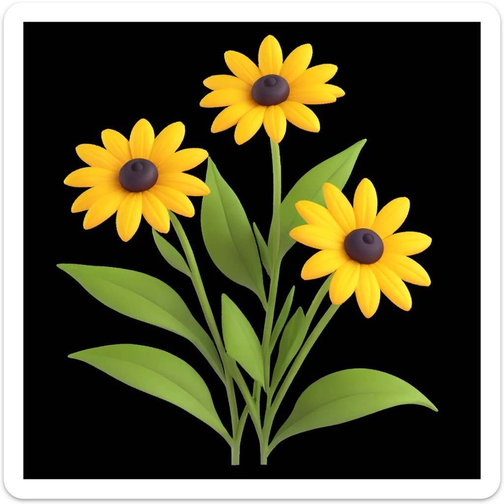 three yellow rudbeckia flowers with green leaves, 3D iOS style, bright colors, realistic light and shadow, white background sticker