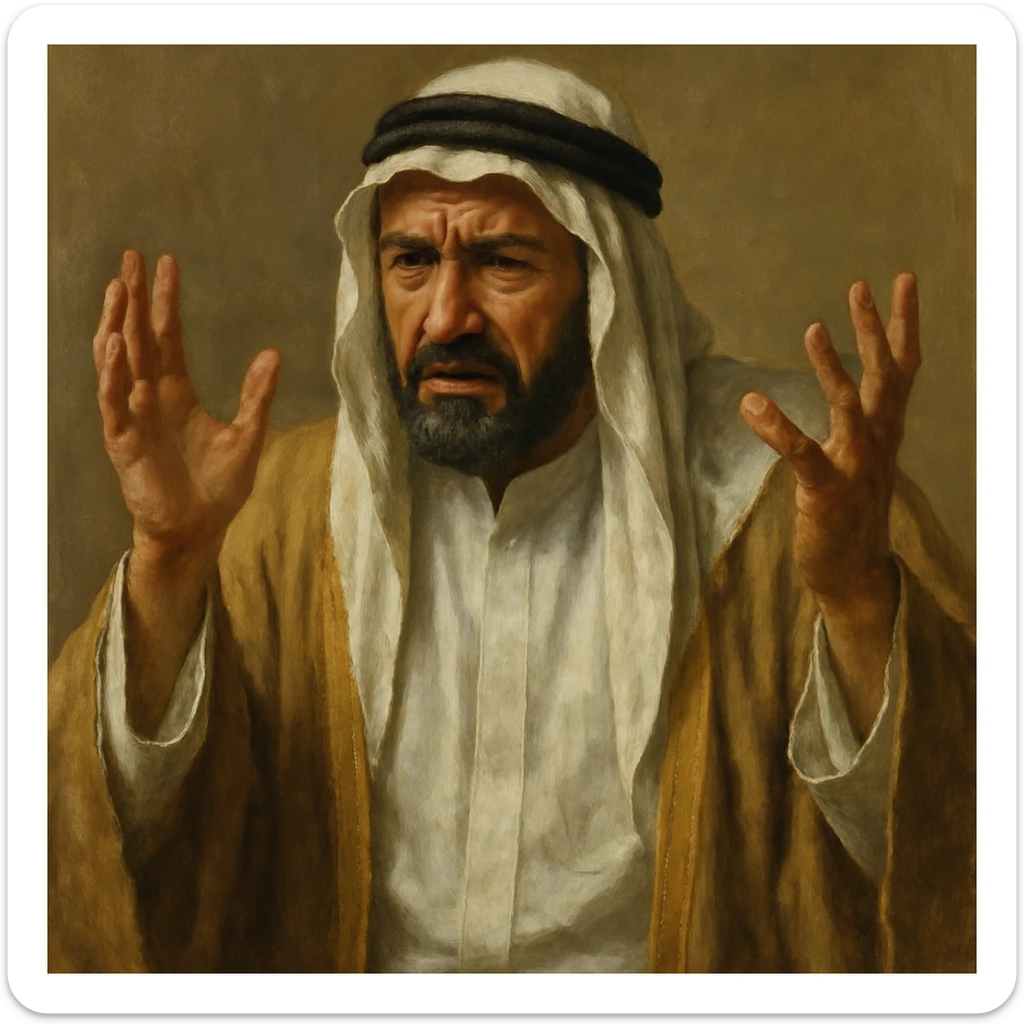 Сгенерируй араба в национальном  костюме, он чуть недоволен и размахивает руками, в стиле реалистичной живописи. . На однородном фоне sticker