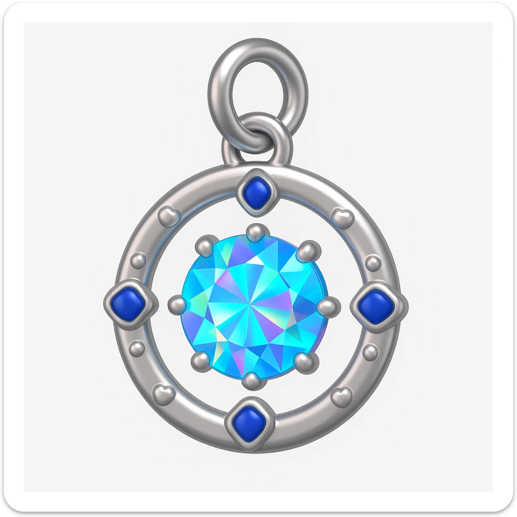 convert to a Y2K style charm: add a silver jump ring to the top for attaching to a bracelet or necklace, keep the holographic diamond, blue sapphire accent, and playful Y2K details, 3D emoji style sticker