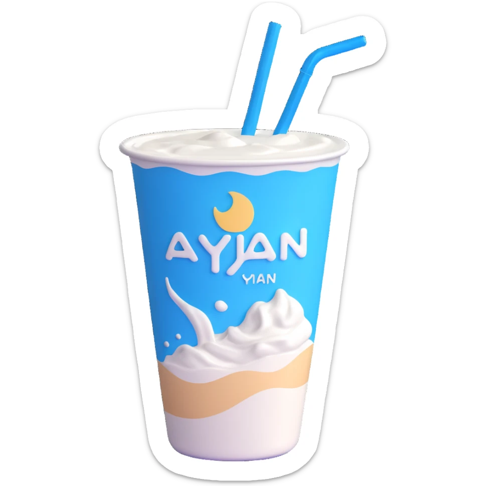 A small carton of Turkish yogurt drink (ayran) with a straw, white and blue packaging sticker
