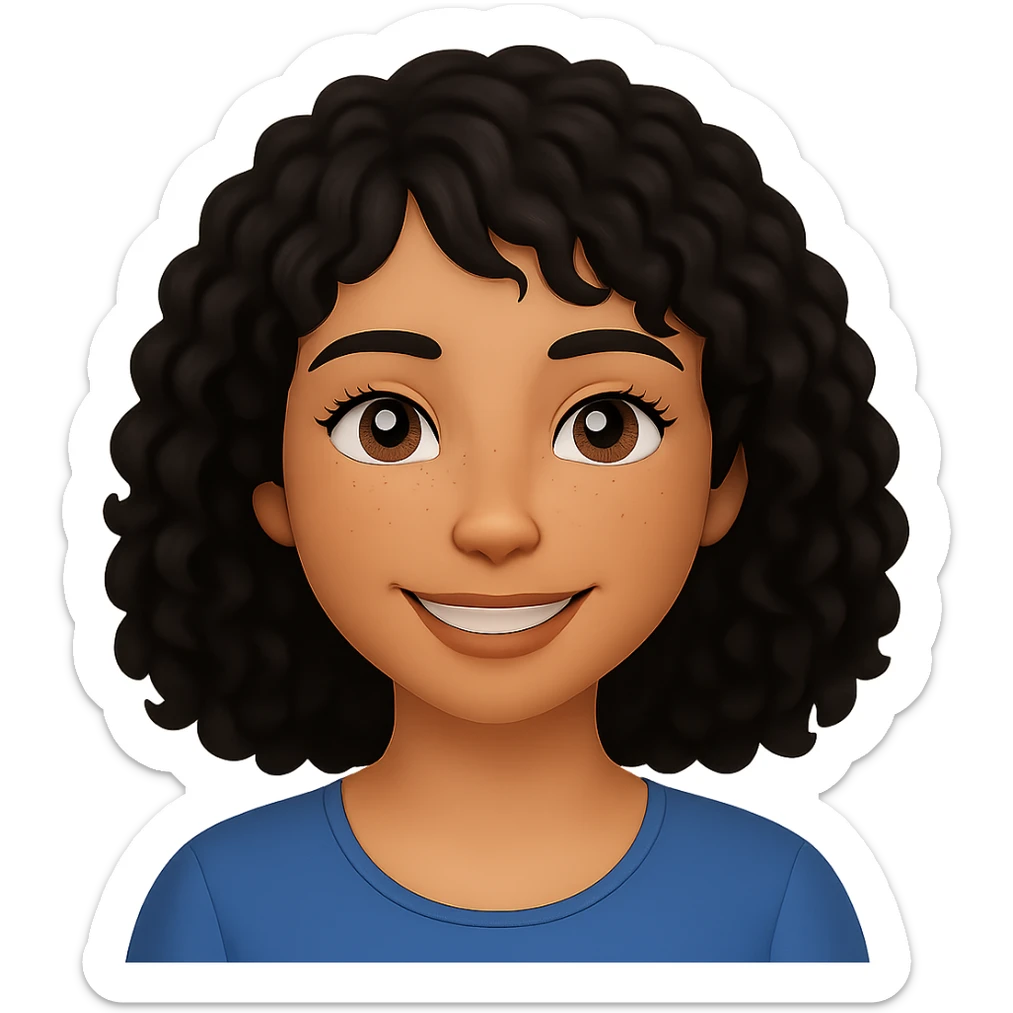 Make the hair wavy and black, with bangs more on the right side. Change the skin tone to almond. Keep the expression warm, friendly, and calm, with freckles and a glowing complexion. Preserve the transparent background. sticker