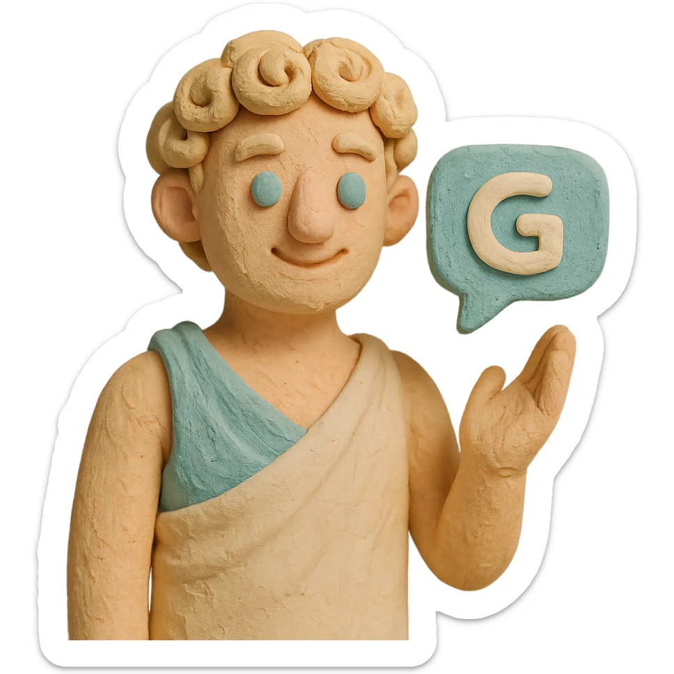 claymation style Greek chatbot with curly hair and toga in pastel colors sticker