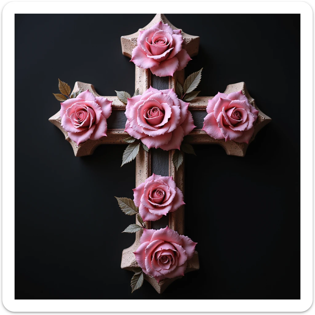 realistic gothic cross, pink with roses, photorealistic style, no background sticker
