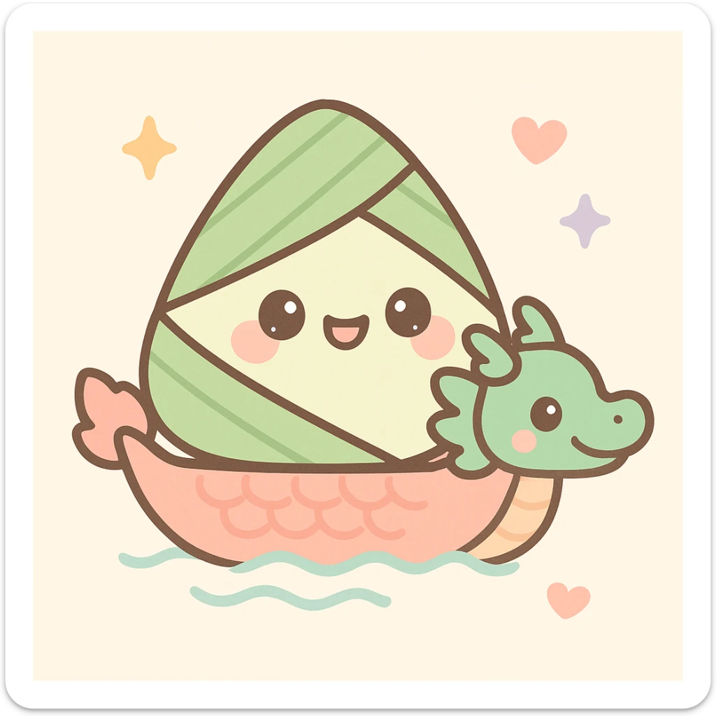 zongzi with a small dragon boat, cartoon style, lively and festive scene, suitable for children for Dragon Boat Festival sticker