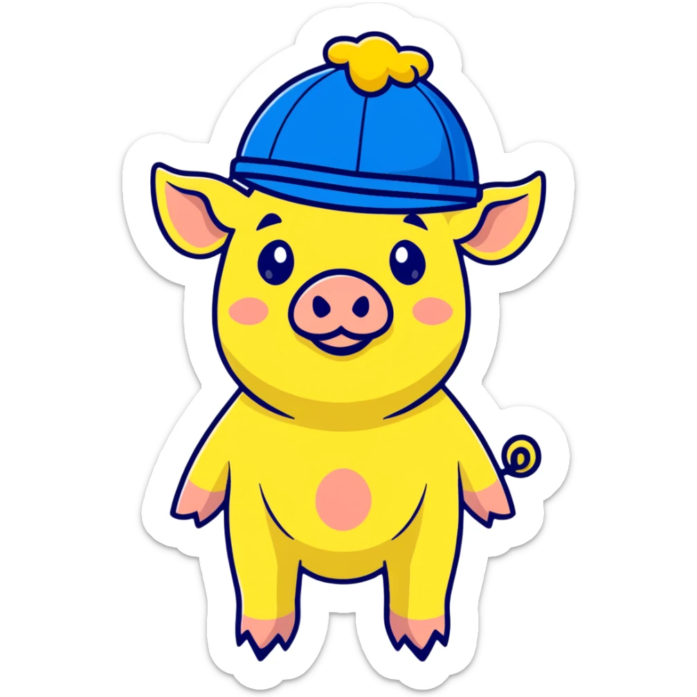 pig body with President Zelensky's face wearing a yellow and blue hat sticker