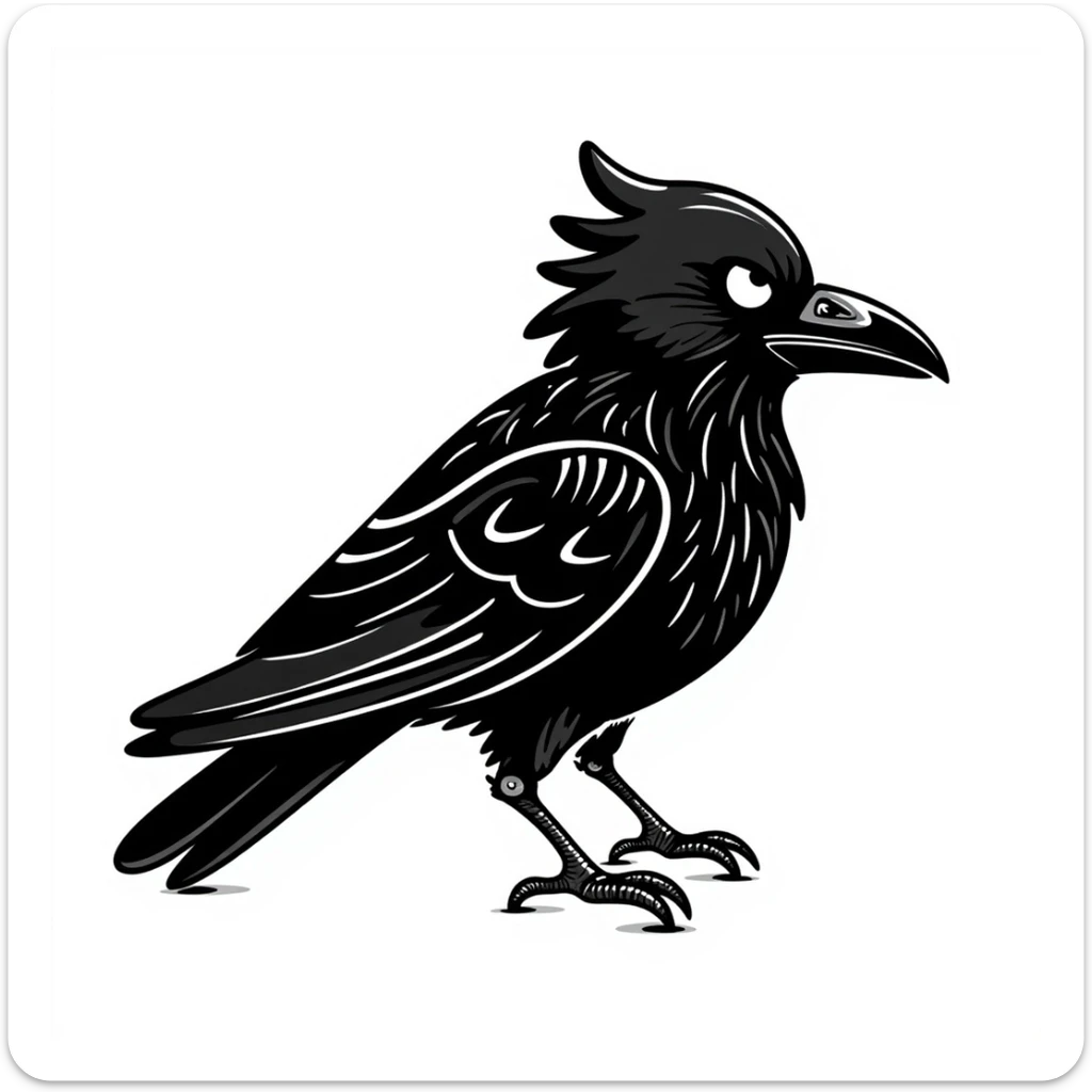 Cyber crow, monochrome, futuristic, digital, glowing eyes, simple lines, cyberpunk, high-tech, robotic, sleek design, abstract, electric, glowing circuits, mechanical wings, futuristic beak, glowing feathers, cybernetic enhancements, digital aura, neon glow, tech-inspired, vibrant cyber crow. sticker