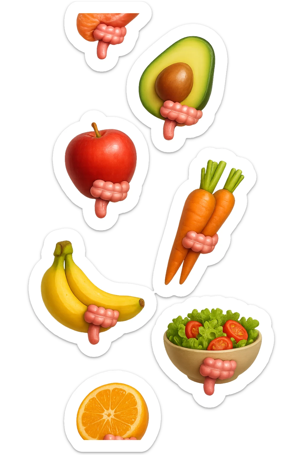 cibo sano fluttua in aria verticalmente stringendo piccoli colon umani, stile emoji iphone, iperrealistico 4k sticker