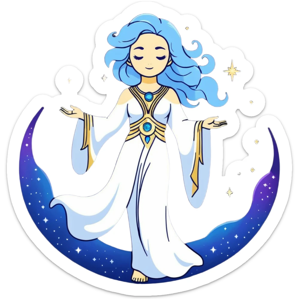 fullbody universe goddess Sophia, Ethereal Light Being, Made of starlight and fractals, Glowing white/gold skin with flowing translucent robes, Hair blue like galaxy mist, Jewelry made of stars and crystals sticker