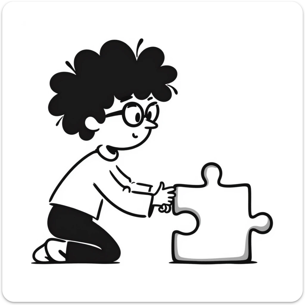 hand-drawn genius boy with wild hair, glasses, and a puzzle piece symbol sticker