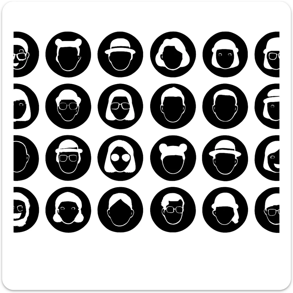 Redesign memoji into black matte monochrome avatars, leaving only the silhouettes of the sculptures. White Background sticker