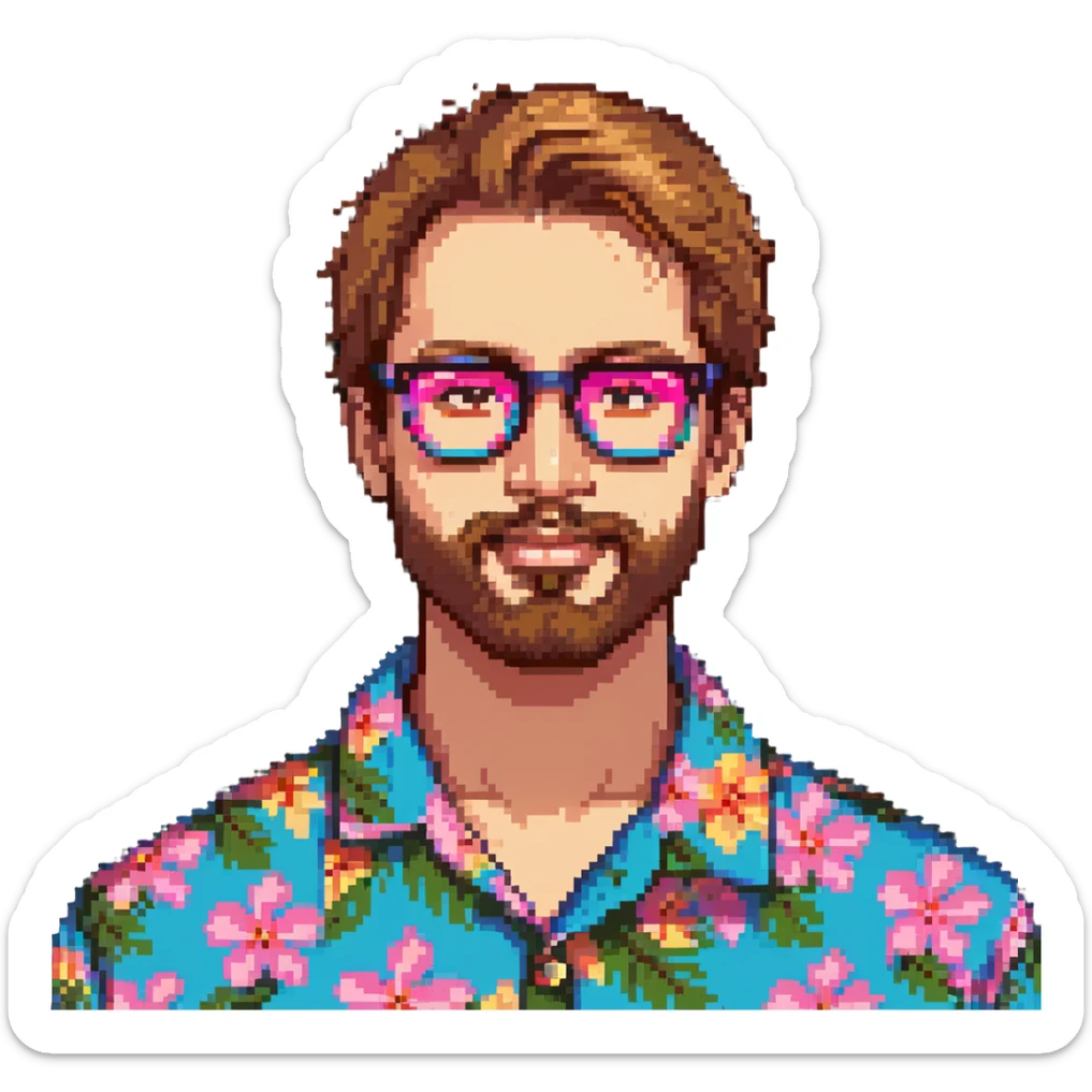 man with light skin tone, short light brown hair and beard, wearing a colorful Hawaiian shirt and pink glasses sticker