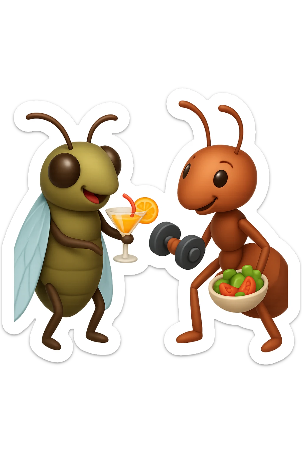 EMOJI STILE IPHONE 3D DI una cicala e una formica che parlano tra loro, la formica ha nella mano destra un manubrio da palestra e nella nella mano sinistra una bowl di insalata, la cicala invece ha un cocktail in mano, la cicala prende in giro la formica, non fare i fumetti però sticker