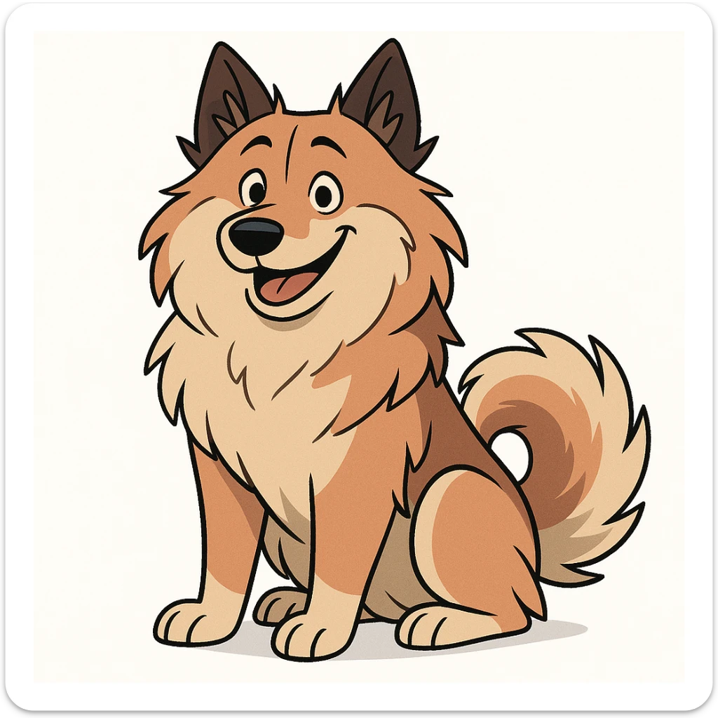 cartoon style eurasier dog, fluffy fur, happy face, sitting, white background sticker