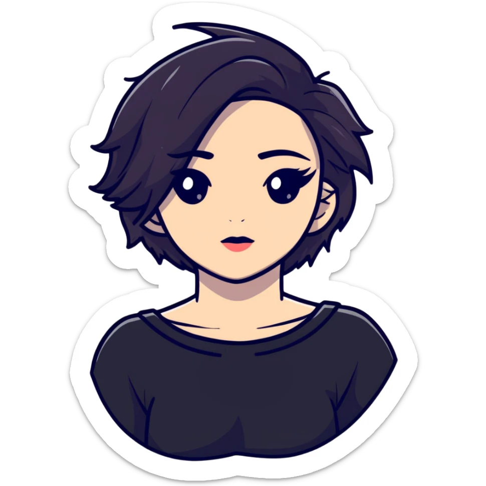 gothic femboy with wide shoulders, small chest, dark makeup, black clothing sticker