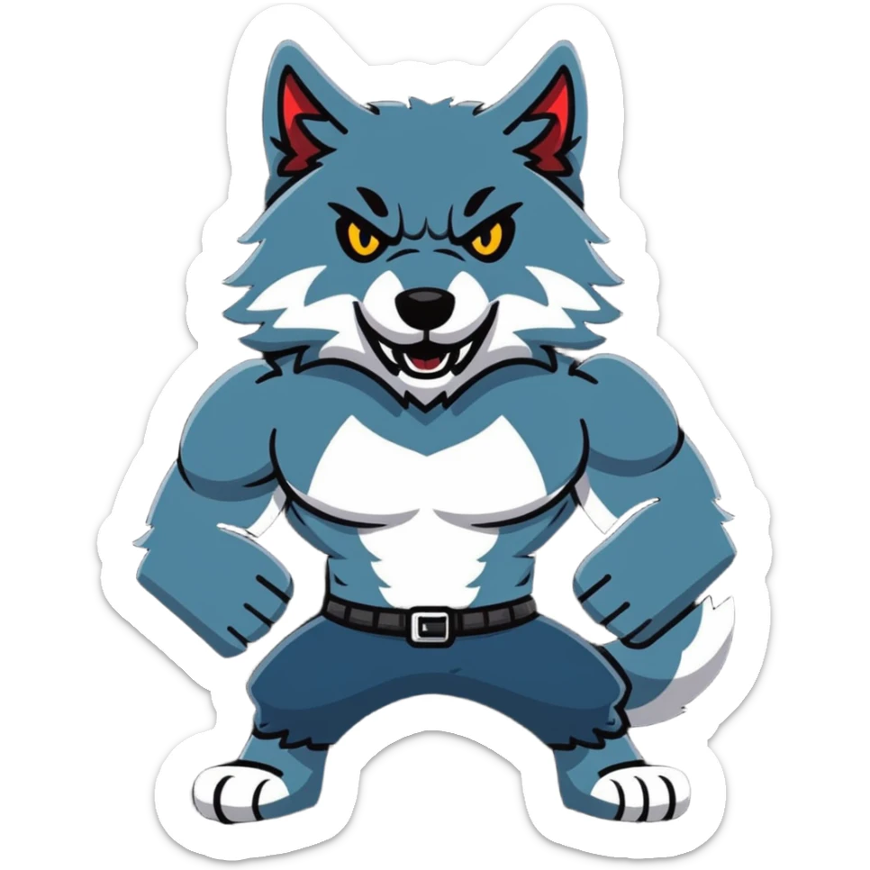 muscular wolf furry wearing a t-shirt that says 'Himbo gunners' sticker