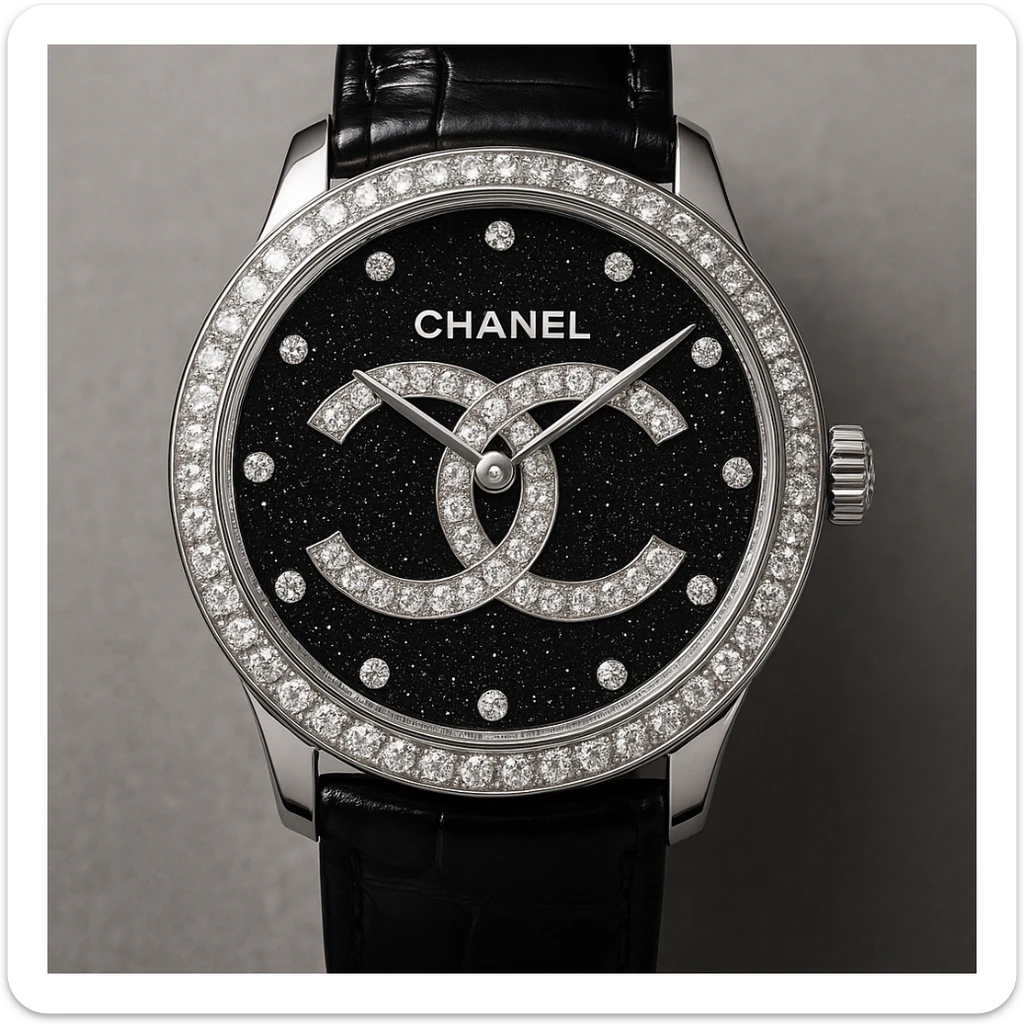 a glamorous watch with the Chanel logo, sparkling details, fashion statement sticker