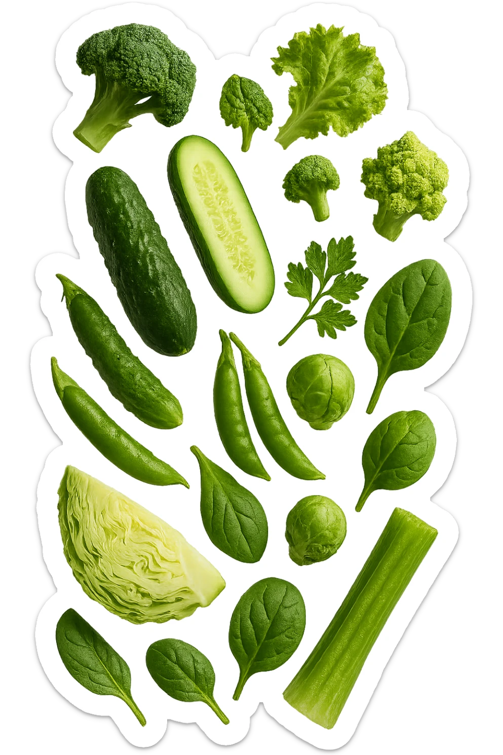 varie verdure verdi fluttuano in aria e cadono verticalmente, IPERREALISTICA 4K sticker