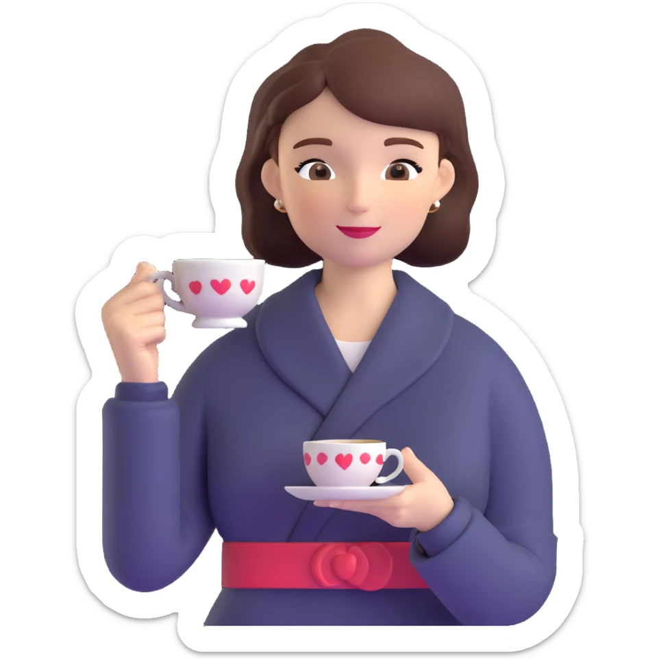 Sophisticated British woman holding teacup in one hand with perfect posture and refined gesture sticker