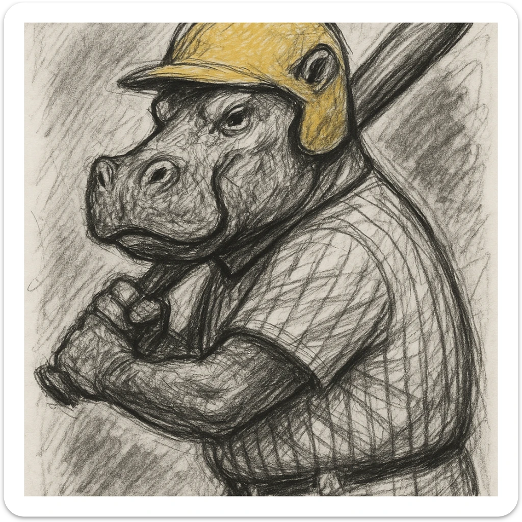 hippo holding a baseball bat, wearing a yellow helmet, pinstripes outfit sticker