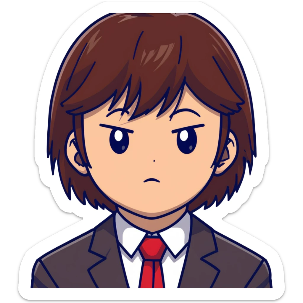 Kiyotaka Ayanokoji from Classroom of the Elite, calm emotionless eyes, medium-length straight brown hair with bangs, serious neutral expression, school uniform with red blazer and tie, face close-up sticker