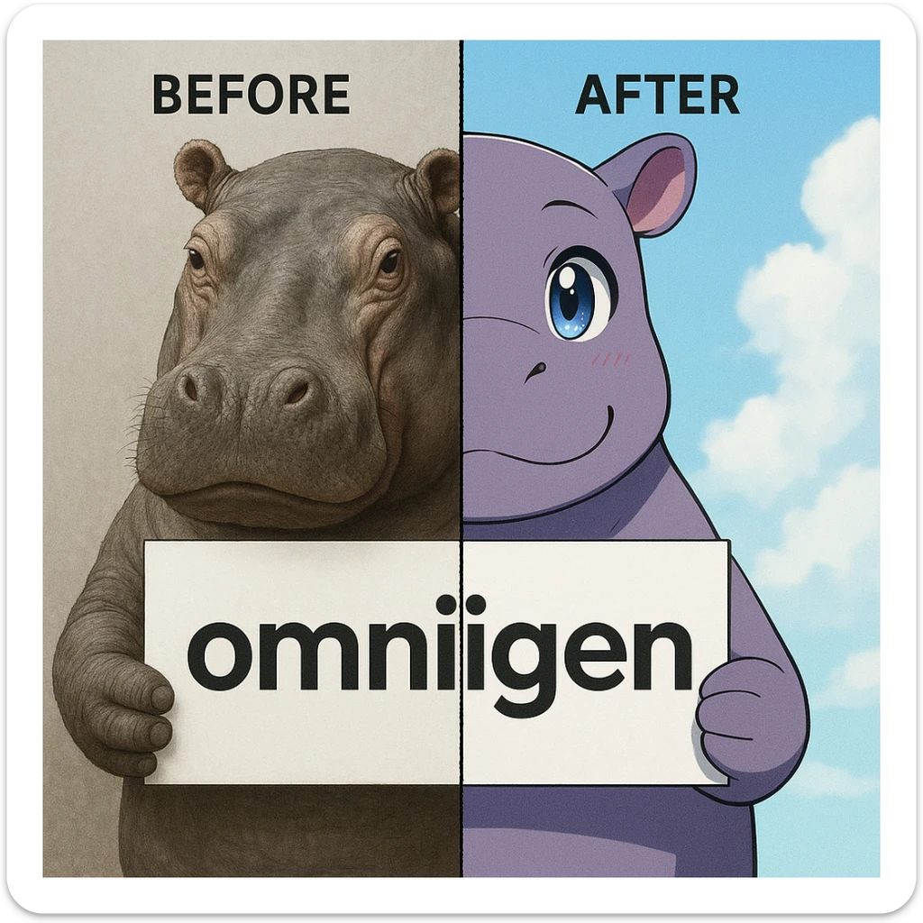 two hippo holding sign of omnigen, half picture 1 hippo is realistic another half is the anime of that same second hippo, with before after mark sticker